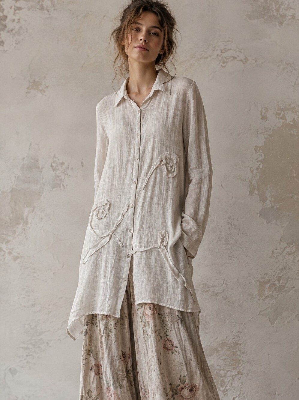 Beulah Sheer Ramie Button-up 3D Tunic Shirt Bohemian Lagenlook Aesthetic Size M